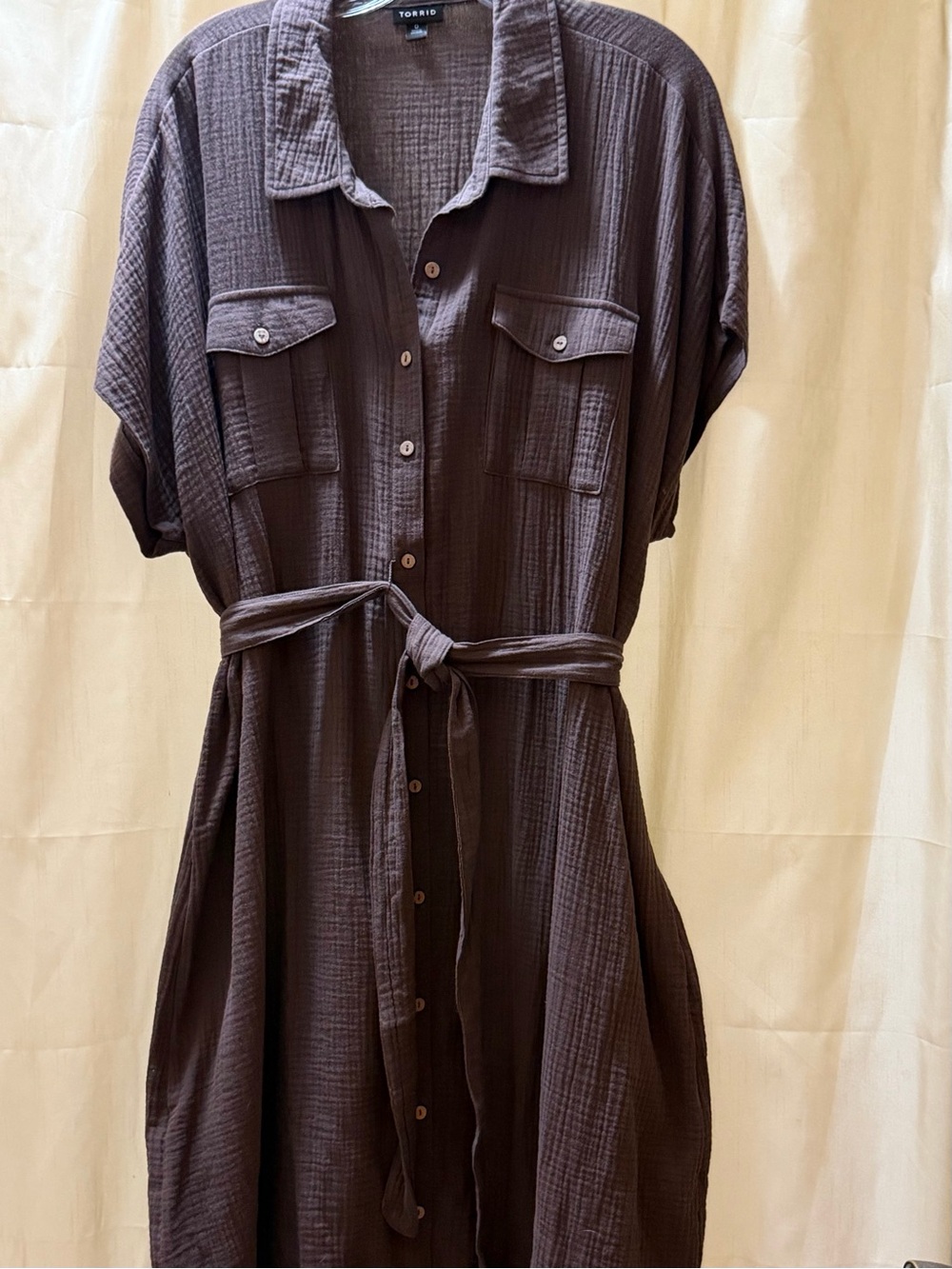 Torrid Chocolate Brown Button-Front Midi Shirt Dress with Self Tie